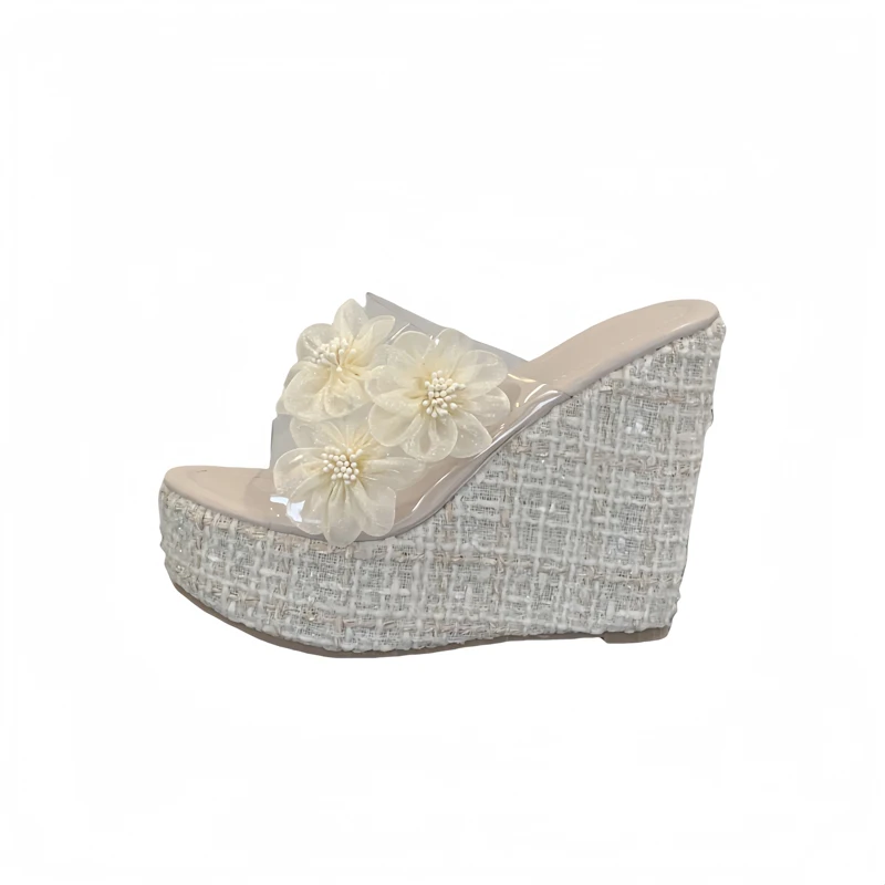 

13cm Chunky Heels Sandal Leisure Wedges Shoes For Woman PVC Sandals Platform Slippers Beige Flower Vacation Style Heeled Shoes