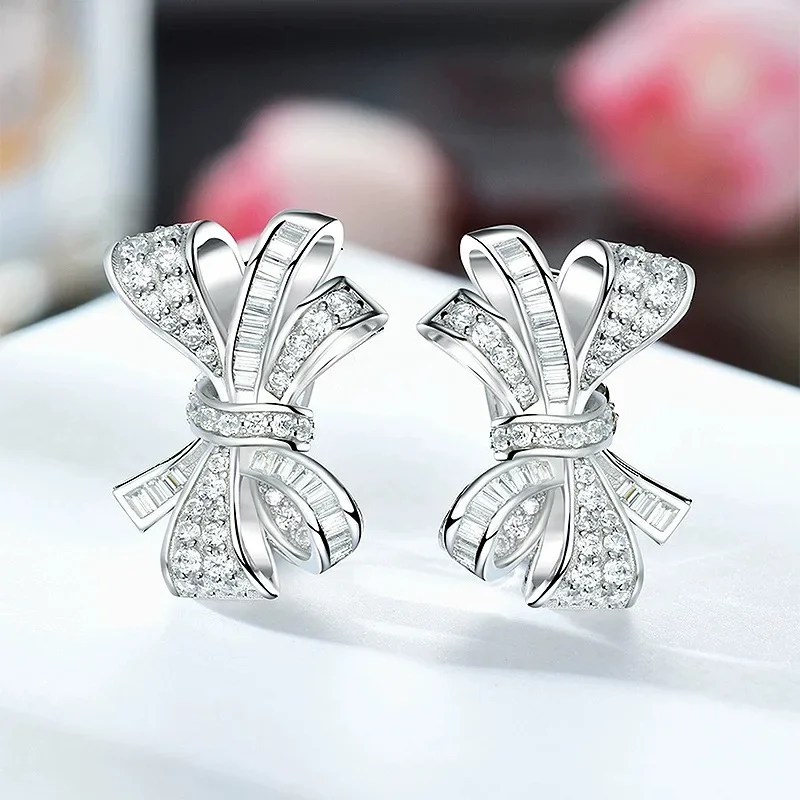 2023 New Bow Tie Earrings European and American Vintage s925 Sterling Silver Inlaid Ladder Square Stone Female Earrings