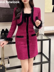 Elegante abito in Tweed rosso rosa donna 2023 autunno inverno capelli di struzzo cappotto corto intrecciato con paillettes + abito con fiocco fionda fashionset a due pezzi