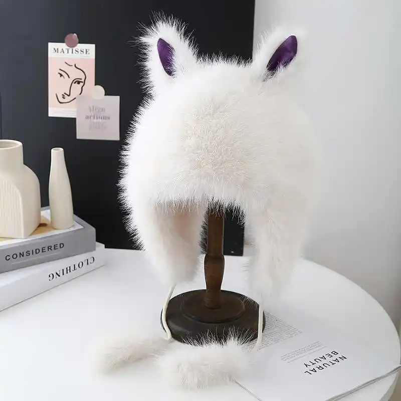 Woman Winter Furry Warm Plush Trapper Hat Thickened Keep Warm Russian Hats Earflaps Pompom Ball Ski Lei Feng Cap