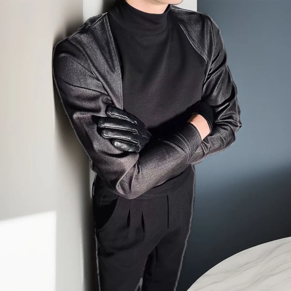 

Men's Denim Patchwork Long-Sleeved T-Shirt American Retro Fashion Trend Street Slim Casual Niche Autumn Winter New Men's Tops