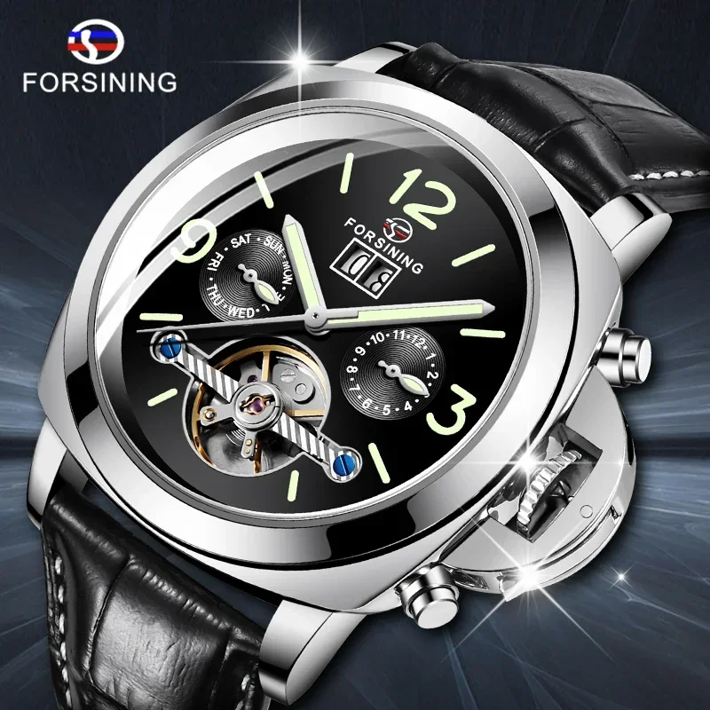 Forsining Top Luxury Automatic Men's Watch Mechanical Watch Tourbillon Men Sport Luminous Clock Male Leather Retro Wristwatch