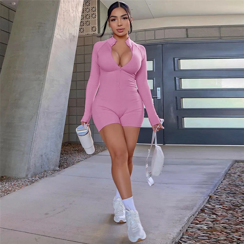 

Women's clothing sales Short jumpsuit sexy long sleeve bodysuit solid Fitness overalls pink zipper tight tracksuit sports Romper