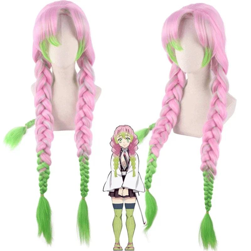 Anime Kanroji Mitsuri Pink Greenish AAnime Demon Slayer Kimetsu No Yaiba Hair Synthetic Cosplay Wig 100Cm Hallow MN7