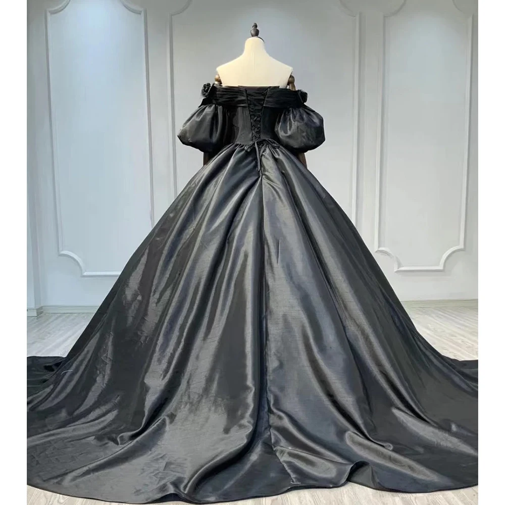 Classic Black Evening Dress Fashion Sweetheart Puff Sleeves Draped Pleat Flowers Satin Floor Length Party Gowns Prom Dress