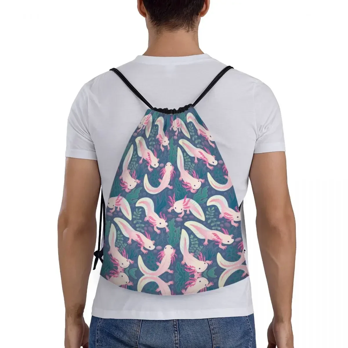 Saco de cordão bonito personalizado Axolotls para homens e mulheres, salamandra leve, mochila de armazenamento Animal Sports Gym