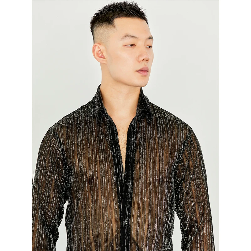 2023 Nieuwe Latin Dance Tops Voor Mannen Lange Mouwen Perspectief Sprankelend Shirt Chacha Rumba Latin Dance Performance Kleding Dqs13979