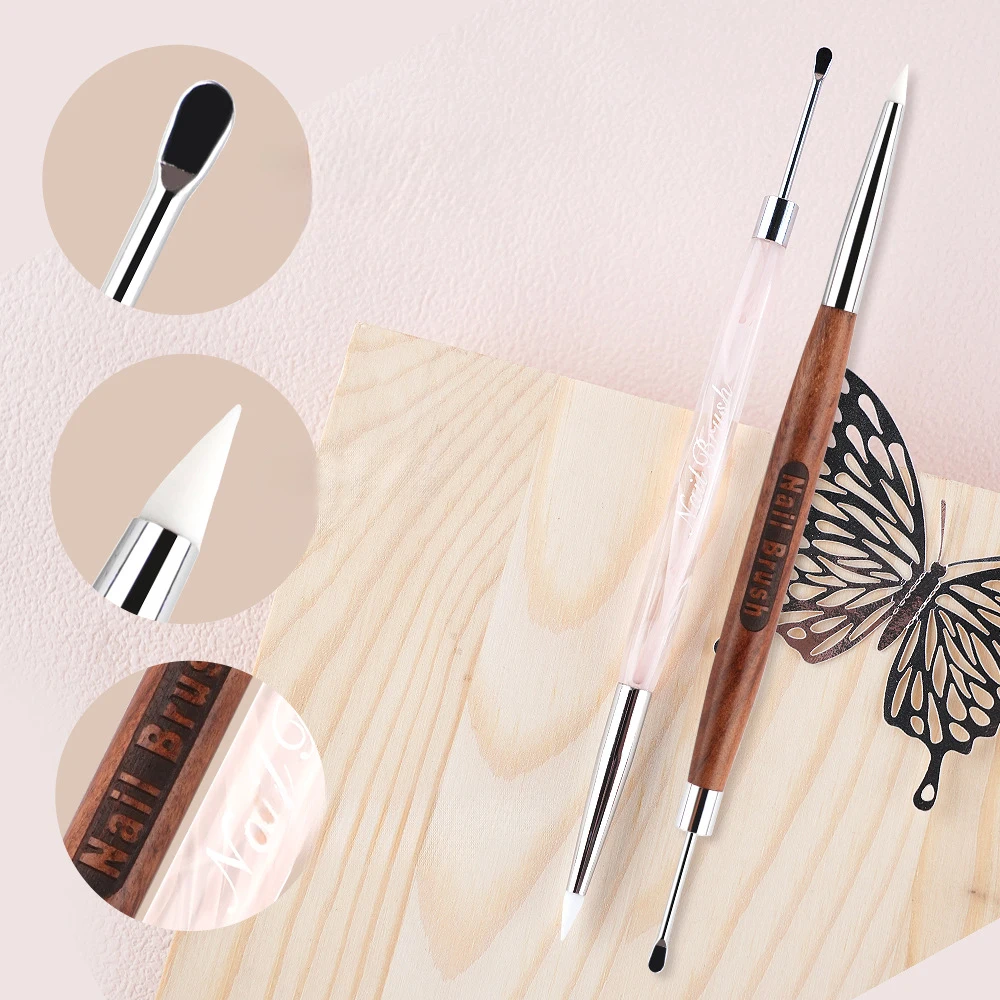 Silicone Nail Art Carving Pen Double Head 3D Flower Painting Wood Handle Gel Polish Modeling Painting Design Extension Brush