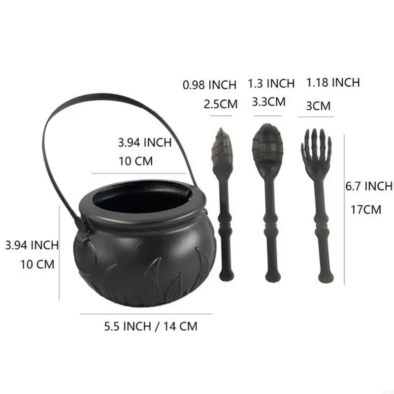 Conjunto talheres e balde doces para halloween, recipiente plástico para tratamento bruxa com alça para decoração