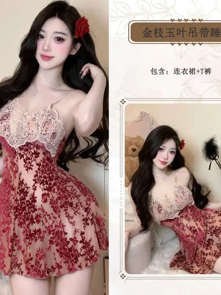 Camisola de lujo para mujer, camisón de verano con flores, cojín para el pecho francés, pijama Sexy de encaje de puro deseo, vestido elegante ERQ8