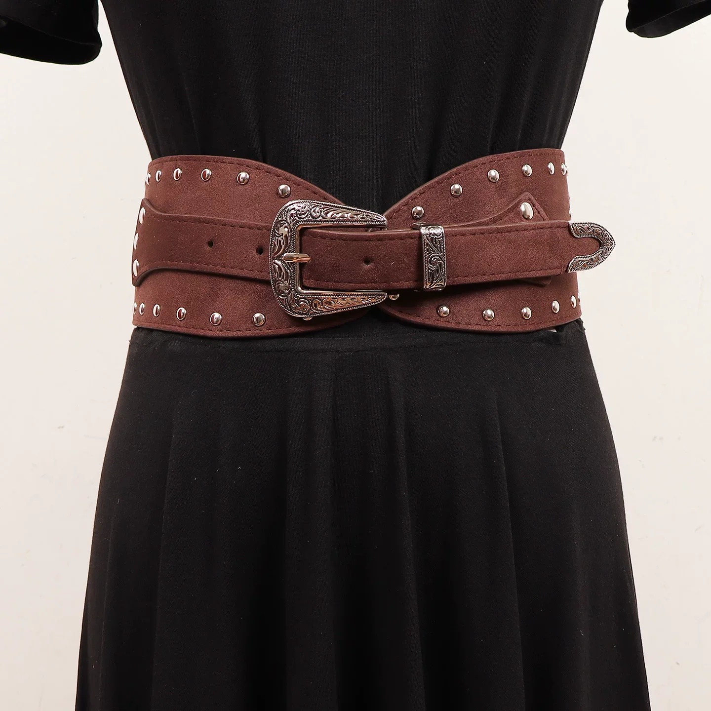 Women's Vintage Faux Suede Leather Rivet Punk Cummerbunds Female Dress Corsets Waistband Belts Decoration Wide Belt R3255