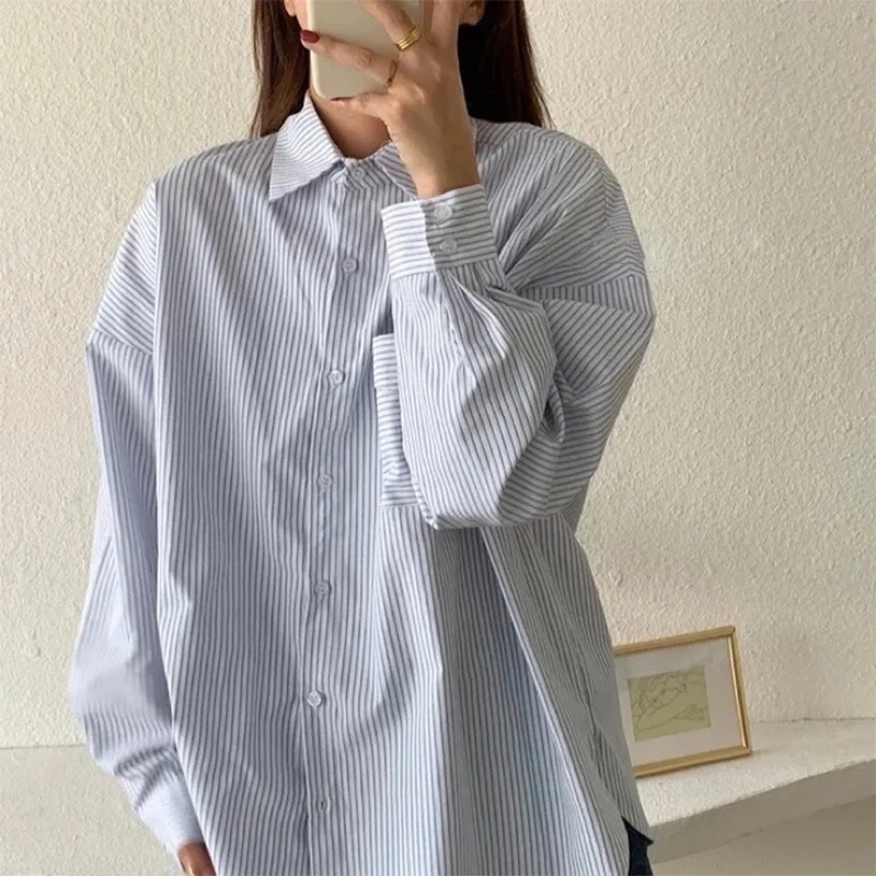 Korean Fashion Vintage Striped Shirts Women Harajuku Long Sleeves Top Aesthetic Clothes Korean Outfits Blouse Streetwear