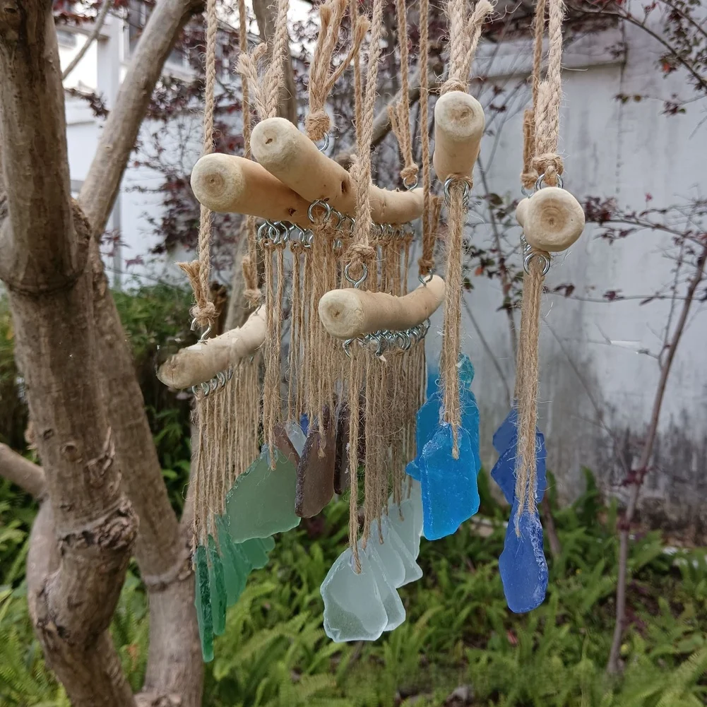 Driftwood Sea Glass Wind Chime Coastal Style Wall Hanging Ornament Blue Glass Art Decor For Home Garden Balcony