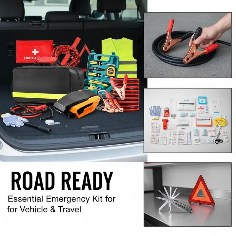 Vehicle Safety Toolbox 32-Piece For Roadside Assistance Travel Home, Jumper Cables Emergency Gear Medical Supplies Compact Storage Case view 6