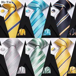 Hi-Tie Men Fashion Striped Blue Necktie Handkerchief Cufflinks Set for Tuxedo Accessory Classic Silk Luxury Tie for Man Gift