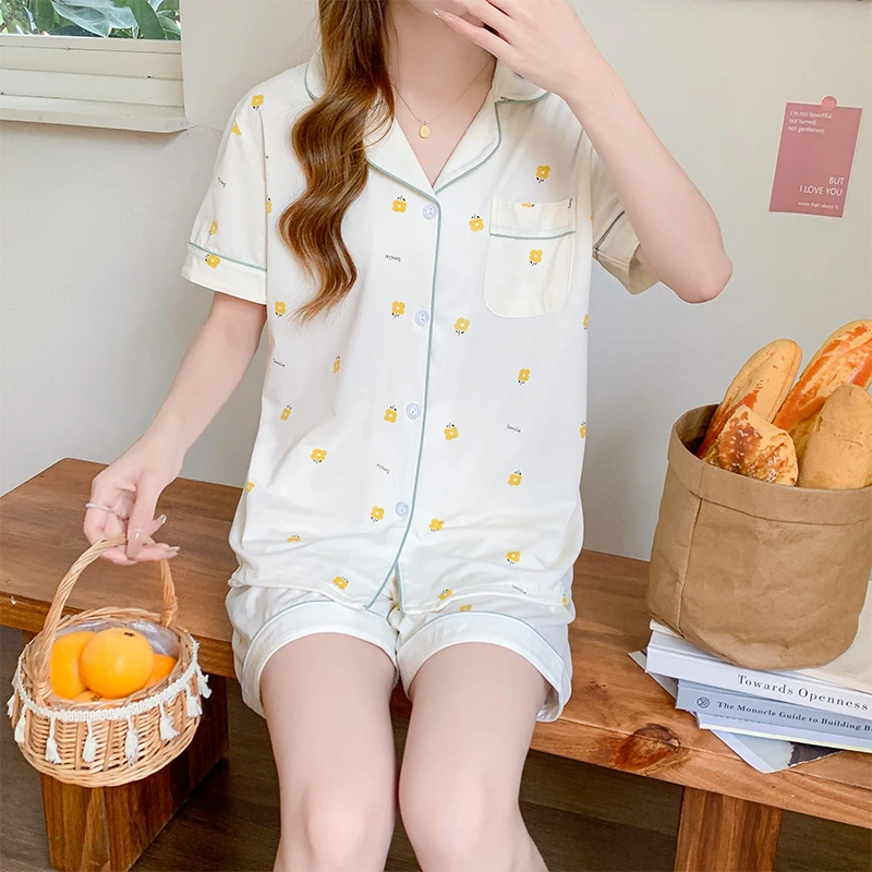 Summer Women's Cardigan Lapel Student Comfortable Pajamas Sweet and Cute Simple Short-sleeved Shorts Pajamas Set Home Clothes