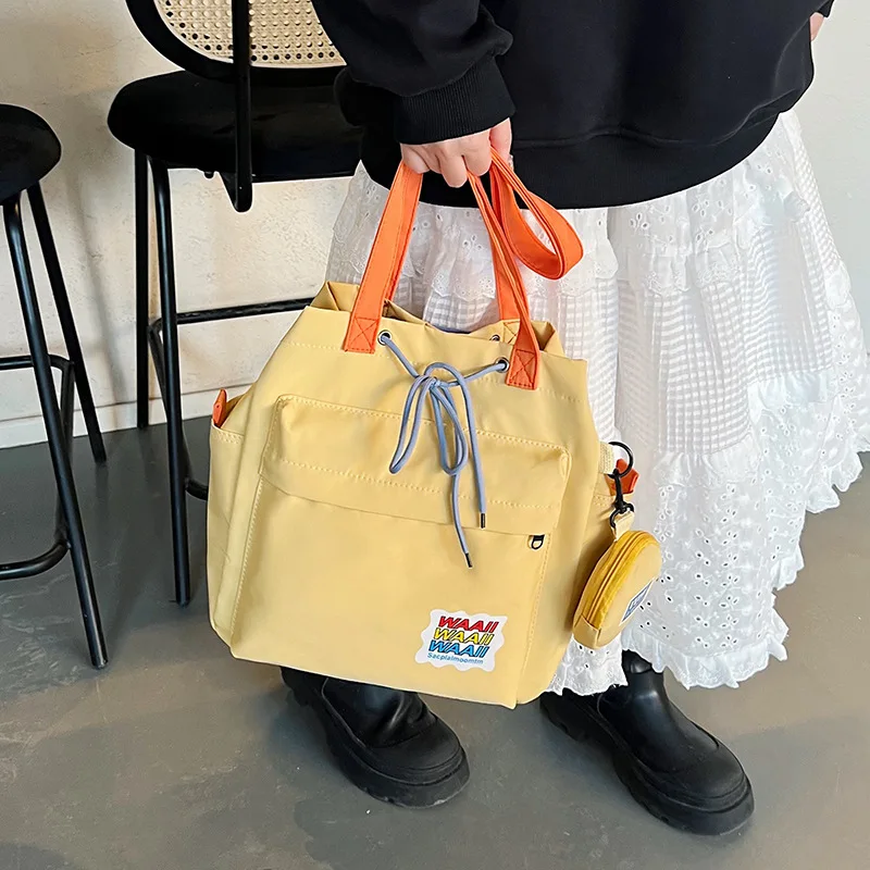 Shoulder Bag Preppy Style Small Fresh Sweet Girl Large Capacity Student Casual Commuting Solid Color Drawstring Zipper Storage