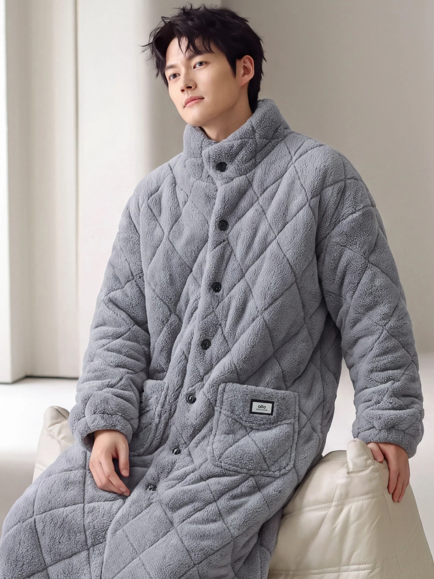 ultra-thick-coral-fleece-men's-robe-high-collar-button-up-home-clothes-winter-new-style-luxury-home-style-mid-length-bathrobe