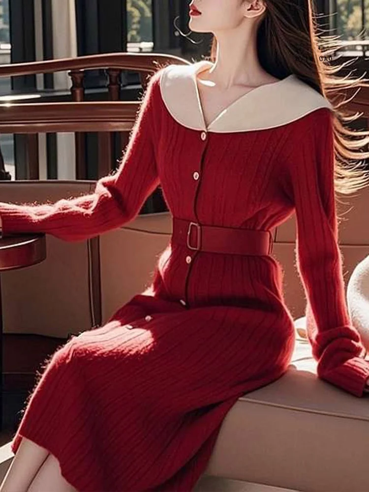 Rood Gebreide Dr Dames Hoge Taille A-lijn Rok Sle Pendelen Faion Herfst Winter Nieuwe Collectie Innerlijke Slijtage Trui Dr