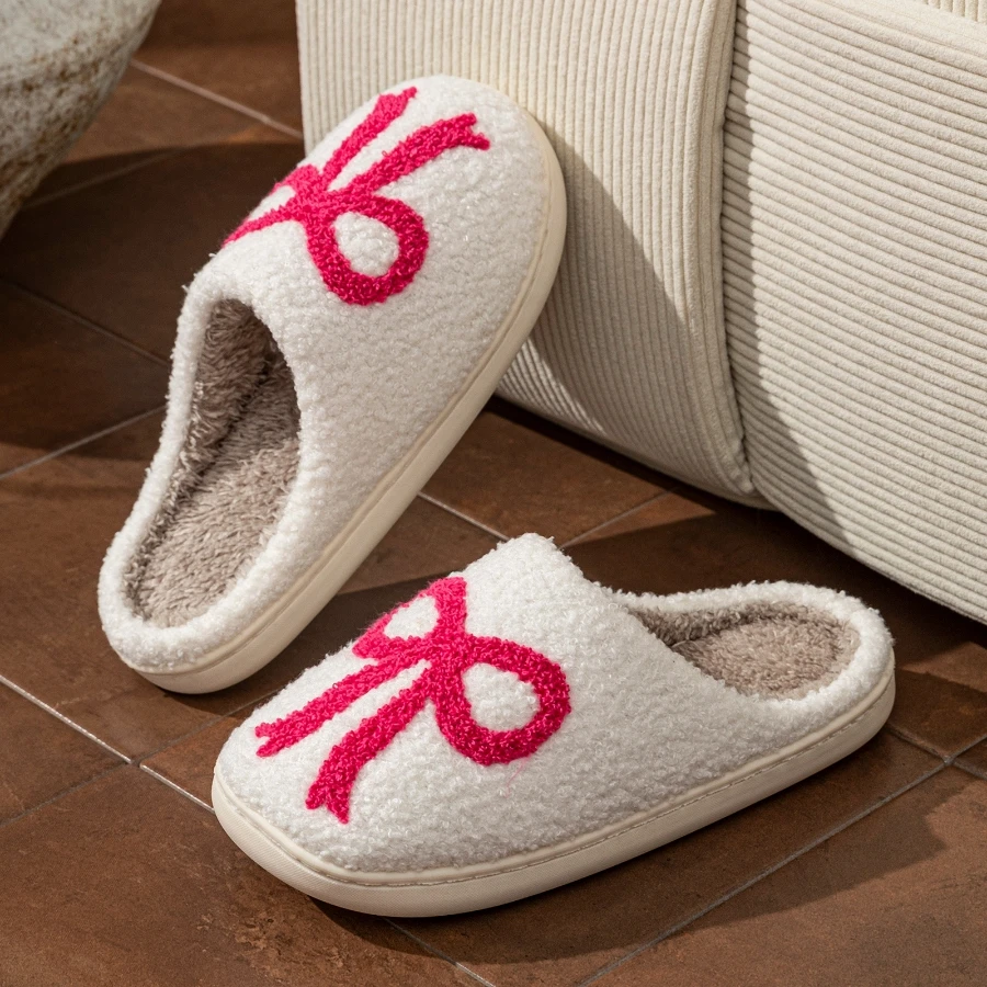 لطيف القوس نمط الشتاء موضة داخلي المرأة النعال الترفيه الدافئة مريح لينة وحيد غرفة نوم أفخم الفتاة المضادة للانزلاق أحذية المنزل