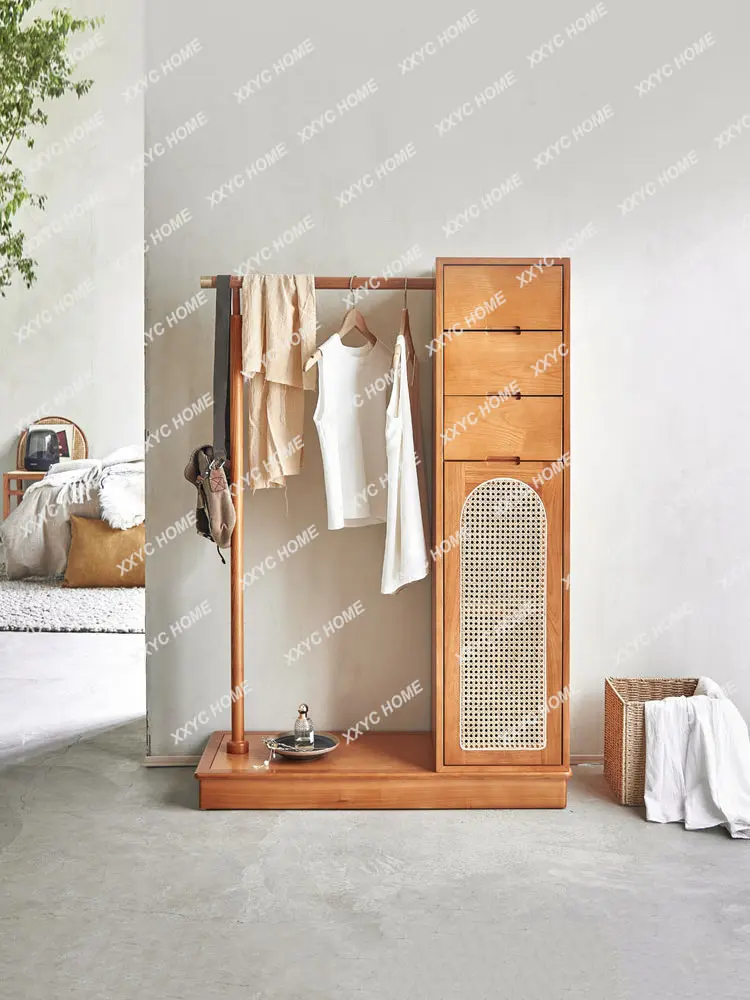 

Solid Wood Hanger Small Apartment Home Coat Rack Cabinet Nordic Simple Rattan Storage Locker