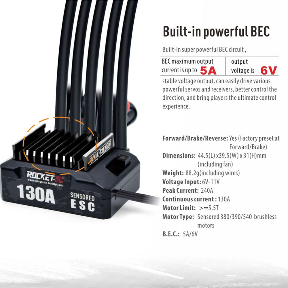 ROCKET-RC 130A Sensored Brushless ESC 6V/5A BEC mit Lüfter für 1/10 RC Car 380/390/540 Motor – Detail 21