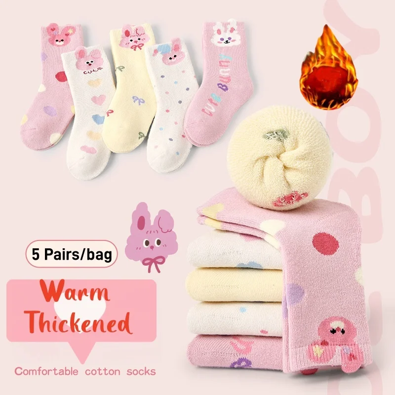 

5 pairs Baby Winter Socks Girls Pink Cartoon Bunny Thicken Cotton Socks Thermal Warm Socks Girls Mid Calf Pink Terry Socks