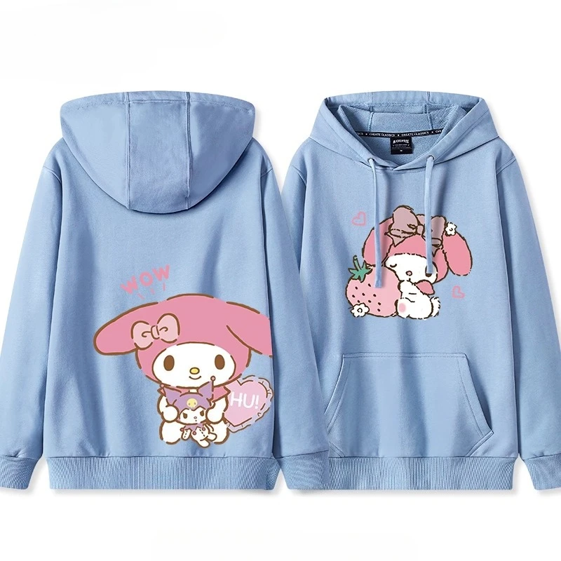 日本のレトロなソフトでキュートなマイメロディのイチゴ柄プリントのフード付きセーター、インスタイルのトレンド、ゆったりとしたカジュアルスタイル、キュートな女の子のトップス