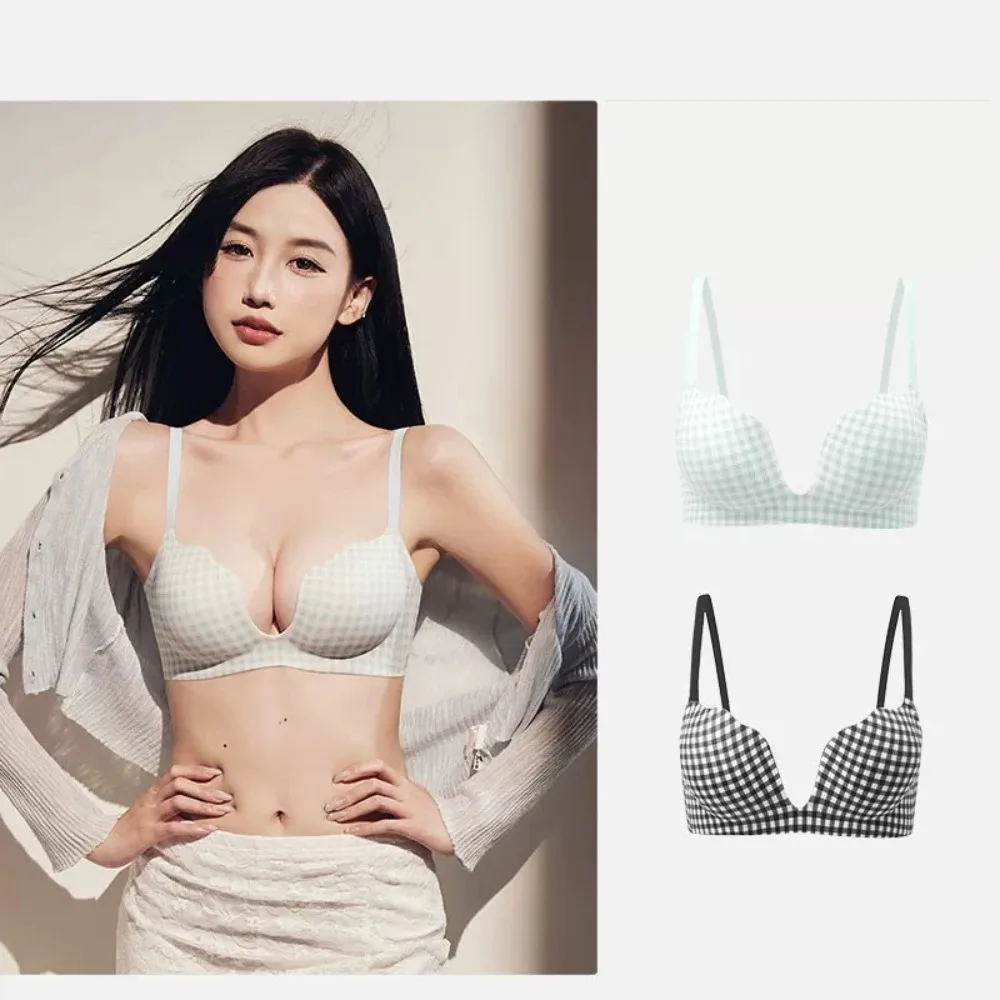 Seamless Bra Women Small Bust Push Up Wirefree Anti Sag Side Fat Control Plaid Teen Bras 2025 New Non Padded 32-38 Full Coverage