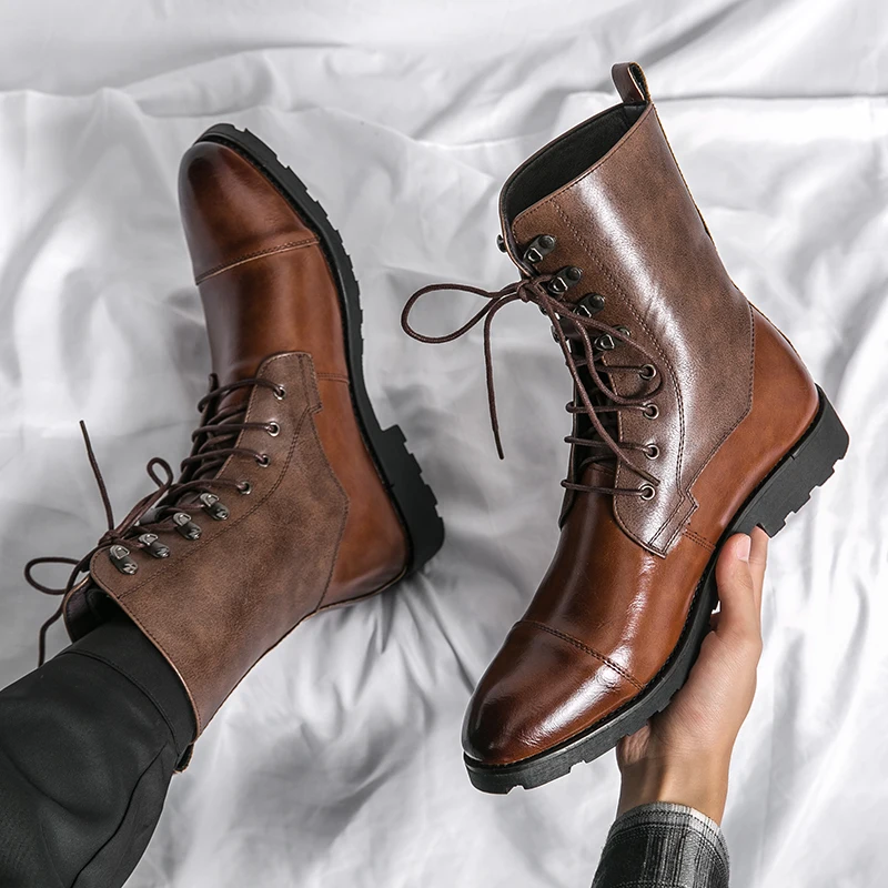 Autumn Winter Thick High Heels Platform High Top Boots Fashion Round Toe Lace-up Vintage Ankle Boots Genuine Leather Men Boots