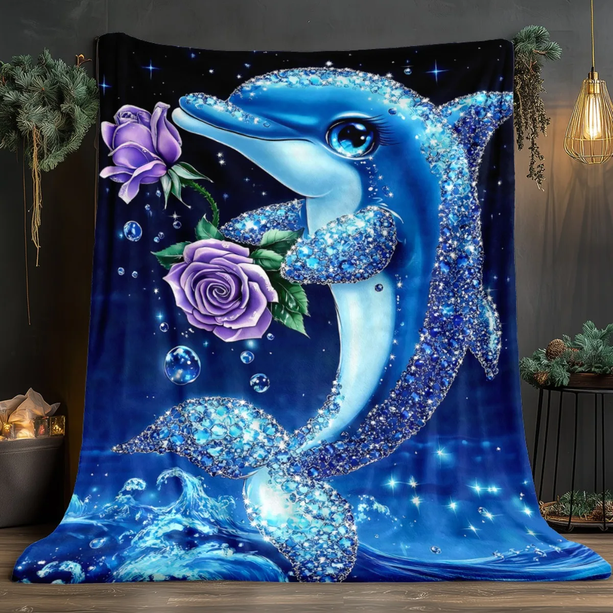 

Флисовое одеяло с синим дельфином и фиолетовыми розами, фланелевое одеяло Ocean Art для декора спальни, мягкий дизайн Sea Life
