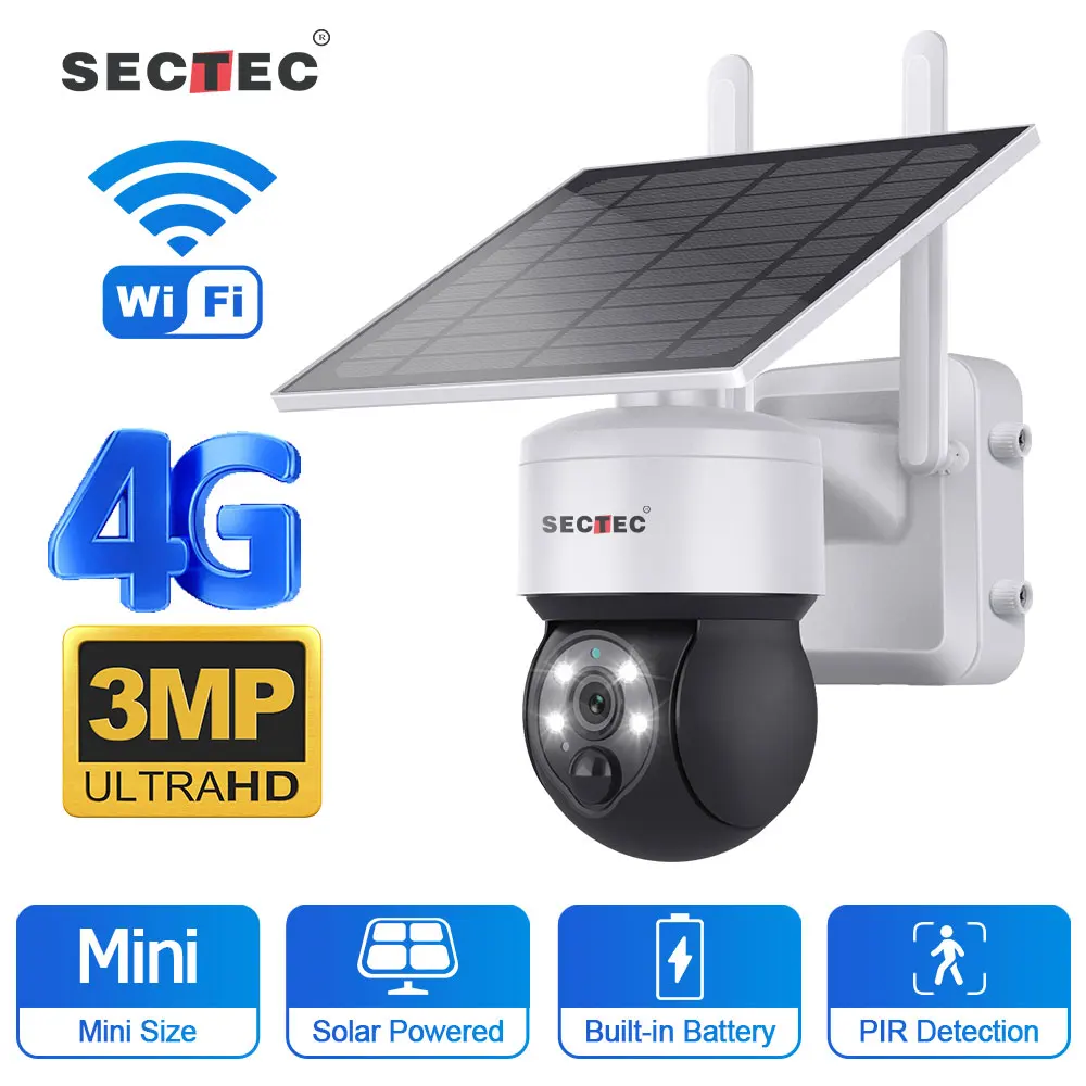 SECTEC TUYA 3MP 5W Mini Solar Battery PTZ Wifi Outdoor Wireless Surveillance Camera CCTV External Wifi Cameras Night Vision