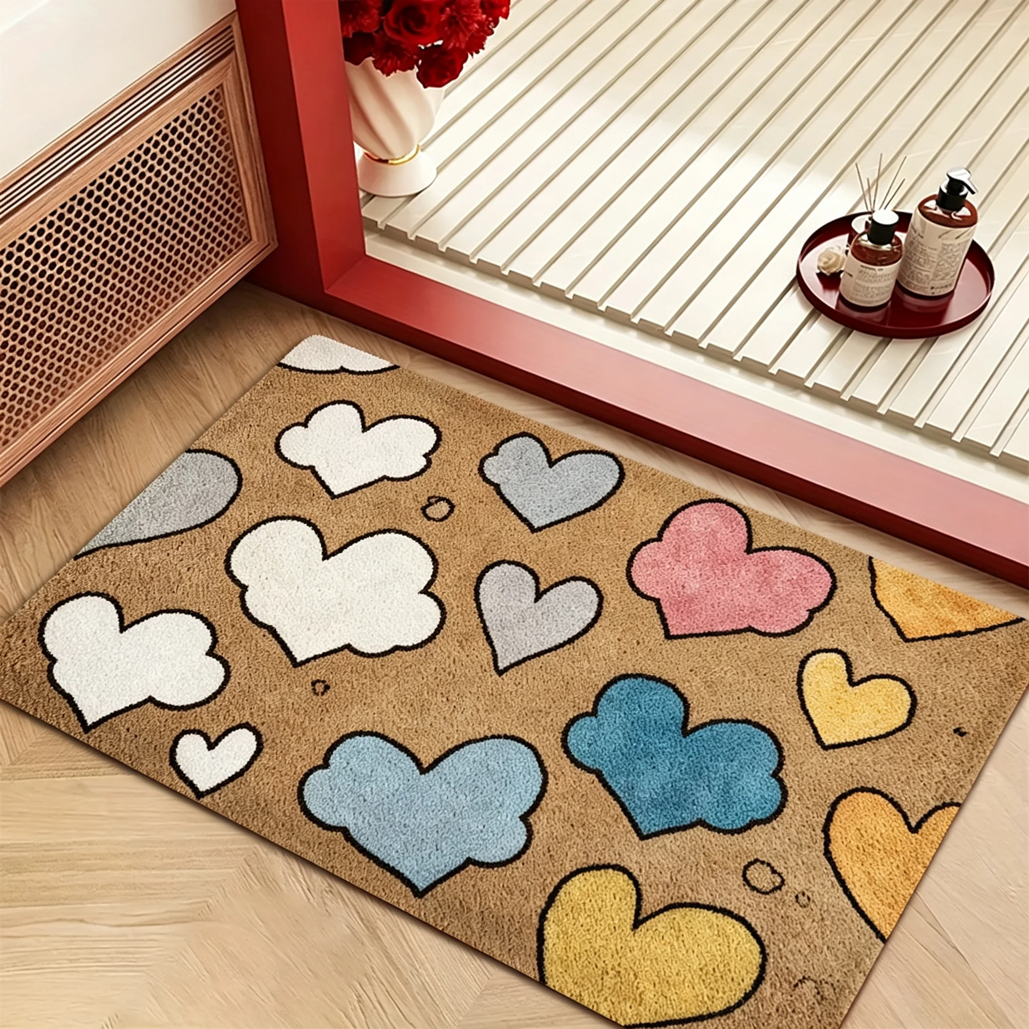 1 Piece of colorful Heart-Shaped Rectangular Bathroom Non-Slip Floor Mat, creative art Flannel Floor Mat, Soft, Very Suitable for Bathroom, Living Room, Bedroom, Dining Table and Entrance Decoration, Can Be Used as a Gift
