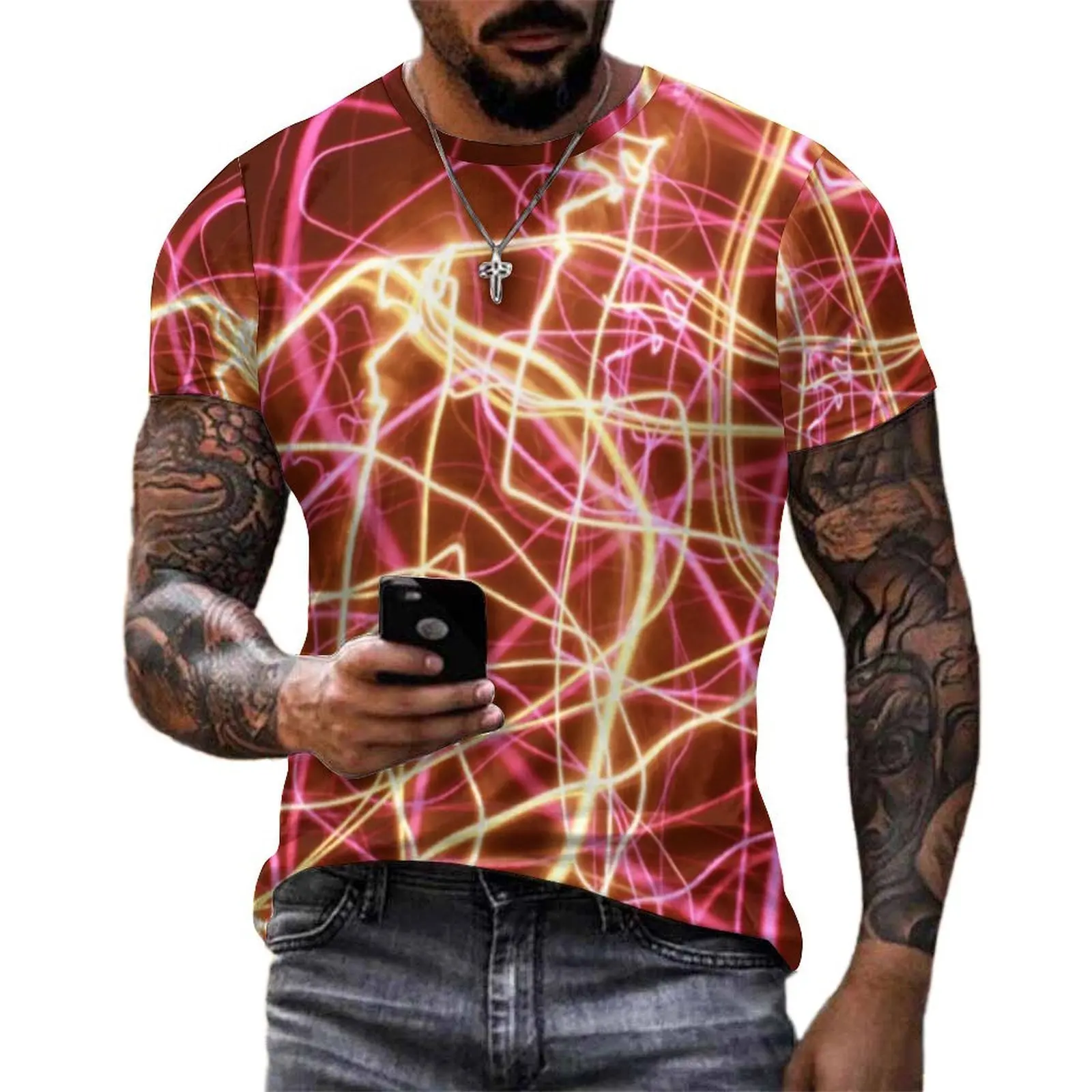 Summer T-Shirt Fluorescent Lines T Shirts Abstract Print Aesthetic Fashion Tees For Mens Short-Sleeved Custom Oversized Tops