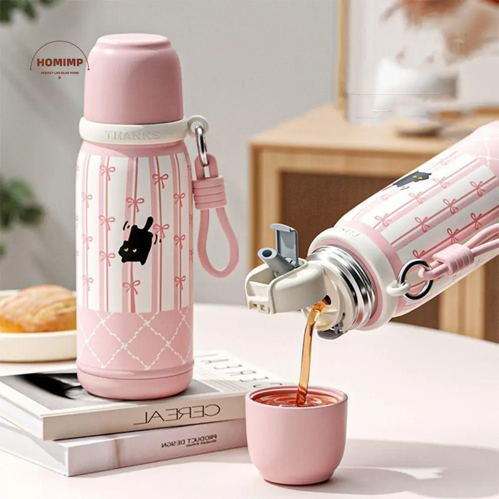

500ml/700ml Stainless Steel Thermos Cup Large Capacity with Straw Coffee Cup Cartoon Pattern Insulated Cup Student Use