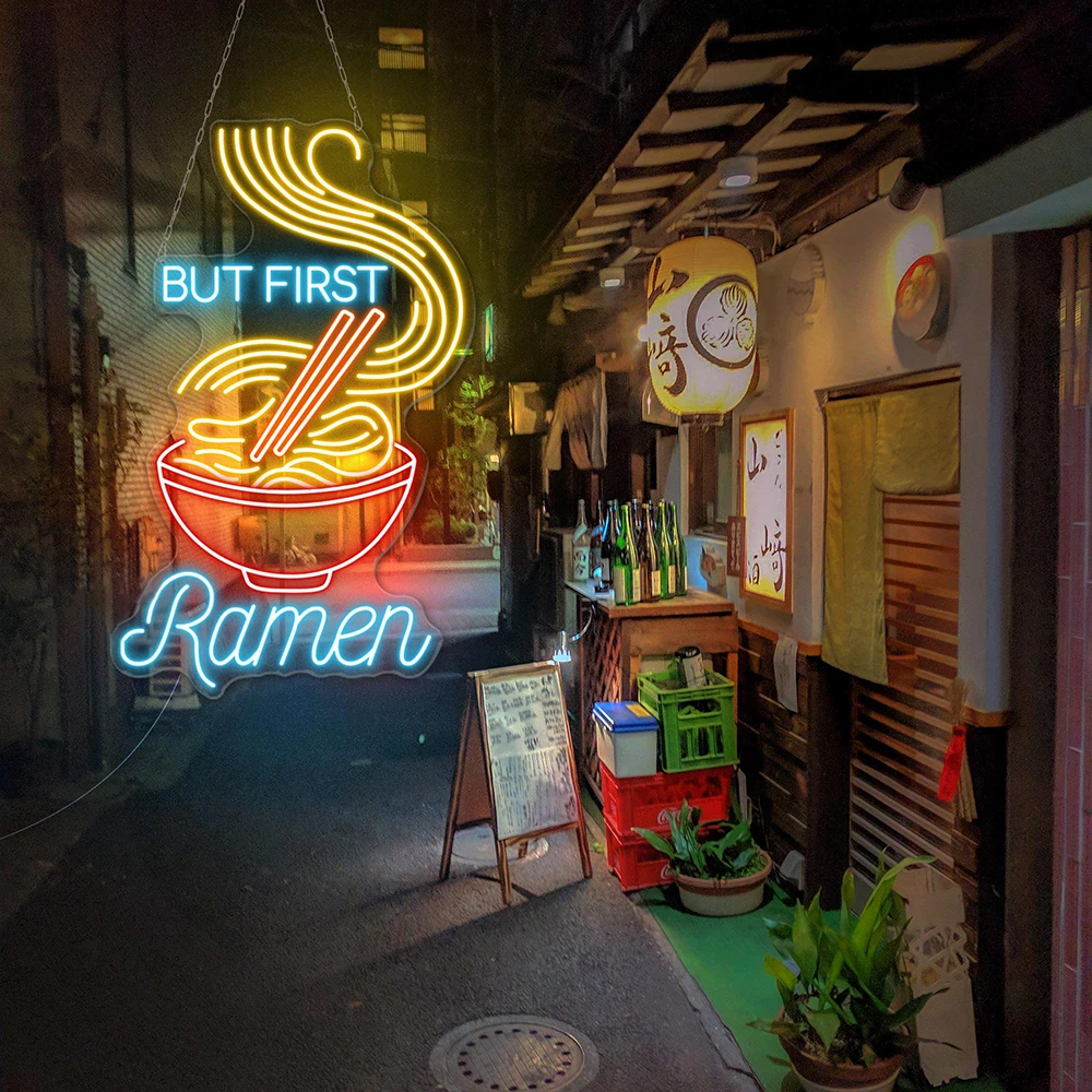 Maar Eerste Heerlijke Vliegende Noedels Neon Bord Japanse Ramen Kom Bord Custom Restaurant Keuken Decor Neon Licht Voedsel Winkel Decor