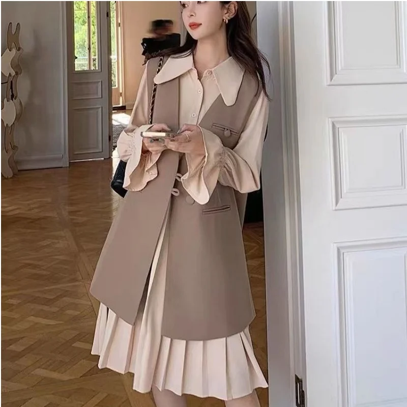 2024 Women's Medium to Long Fashionable and Stylish Loose Shirt with Hundred Fold Dress 2-piece Set