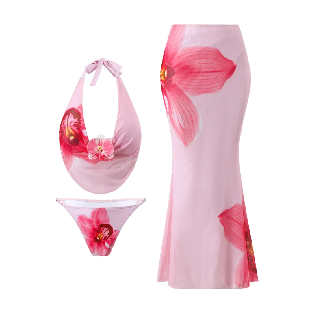 

Women's Three-piece Swimsuit Set Sun Protection Swimwear Printed Mesh Dress-Style Cover-Up