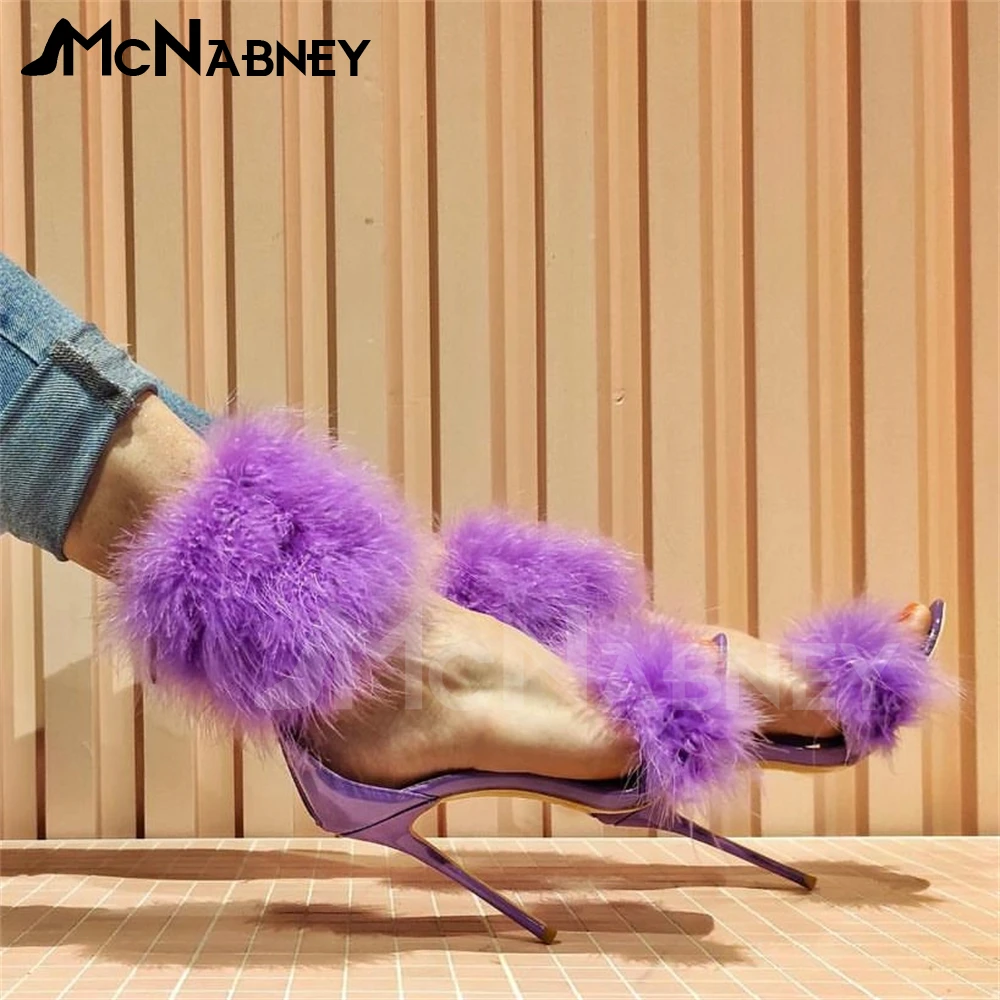 

Fur Sandals Pointed Toe Stiletto Summer Shoes Fashion Style Luxury Stiletto Sandals Sexy Custom Multicolor Sandals for Women New