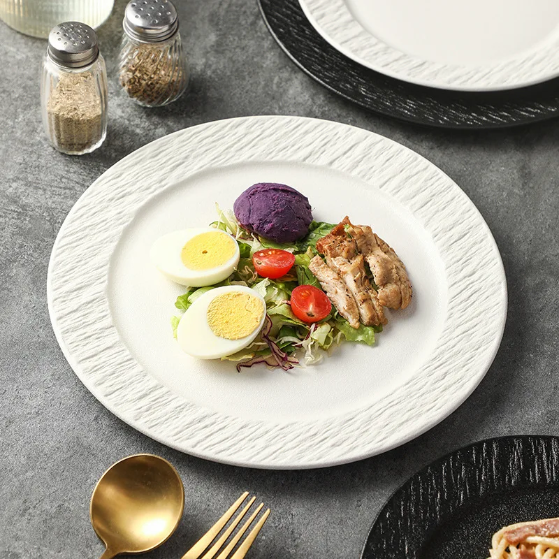 

Rock-patterned Steak Western Plates Household White High-end Feel Light Luxury High Appearance Level Breakfast Pasta Flat Plate