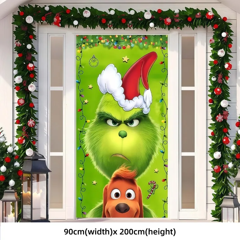 Décoration de porte de noël Grinch, 90x200cm, monstre vert, toile de fond joyeux Grinch, couverture de porte de noël, décor de fête du nouvel an