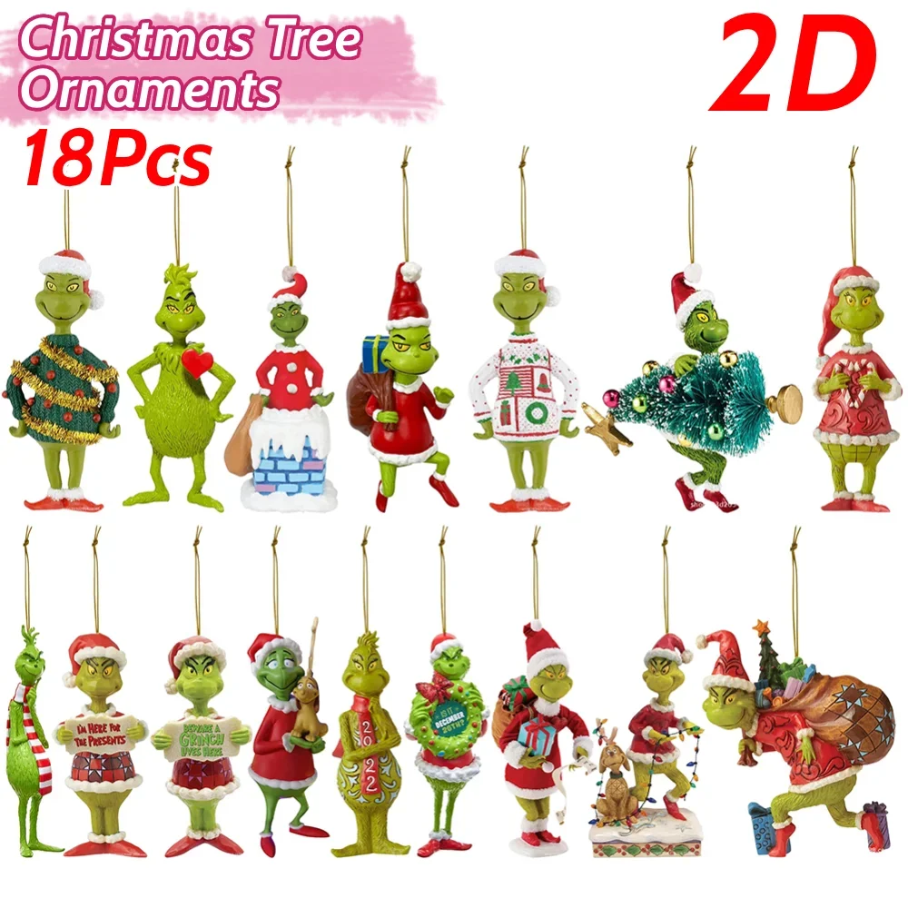 17 Uds. Árbol de Navidad acrílico 2D adornos de monstruos verdes lindos monstruos verdes colgantes de árbol de Navidad adornos de dibujos animados de Navidad