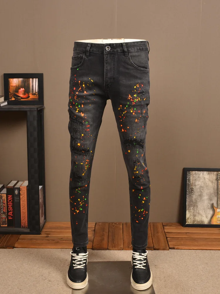 Black Ripped Jeans Men's Paint Design Stretch Slim Fit Skinny High Street Ruan Shuai Splash Paint Patch Motorcycle Trousers