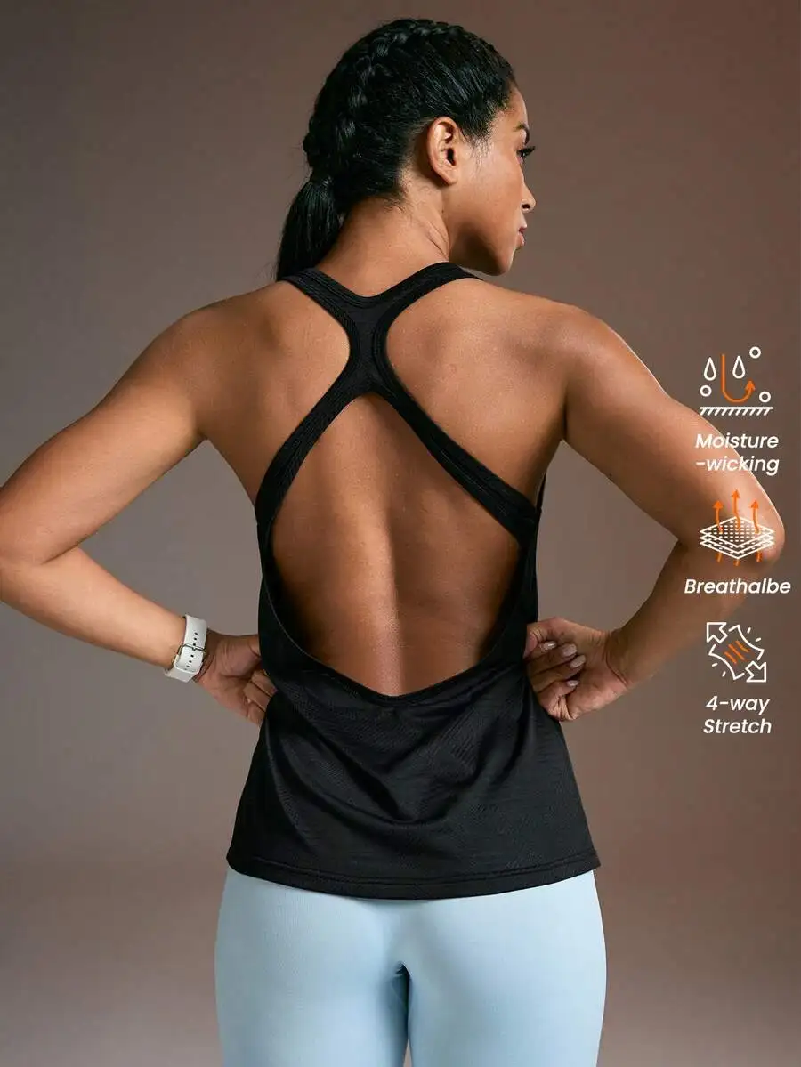 

Crisscross Back Cut Out Sports Tank Top, Solid Black Sleeveless Slim Fit Workout Top for Fitness Yoga Pilates Indoor Outdoor