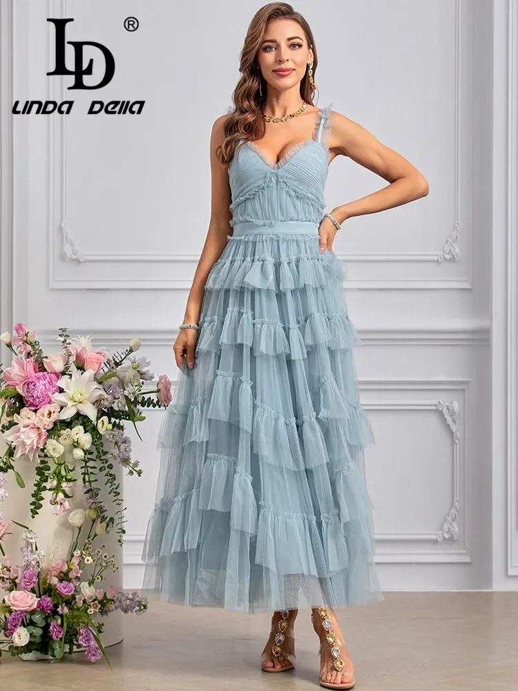 

LD LINDA DELLA Summer 2024 luxury Designer Dress for women Vintage Solid Color Net Yarn Cascading Ruffle Spaghetti Strap Dresses