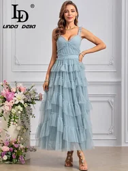 LD LINDA DELLA Estate 2024 Abito firmato di lusso per le donne Vintage Tinta unita Filato netto Cascading Ruffle Abiti con cinturino per spaghetti