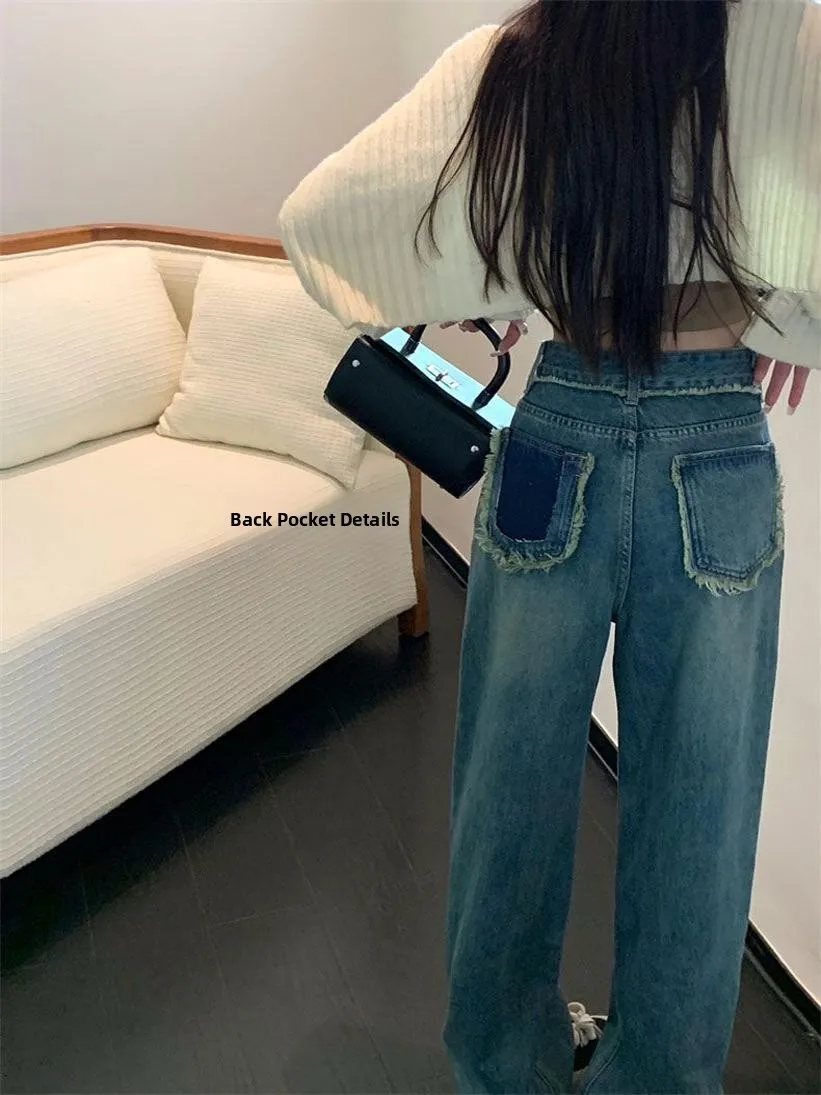 

Women's High Waist Wide Leg Jeans ket Design Loose Color Blo Frayed Hem Long Floor Length Trousers Street Sle Trend