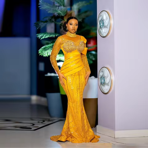 Elegant Golden Sparkling Mermaid Evening Dress Phantom Long Sleeve Party Dress High Collar Ball Dress Customization