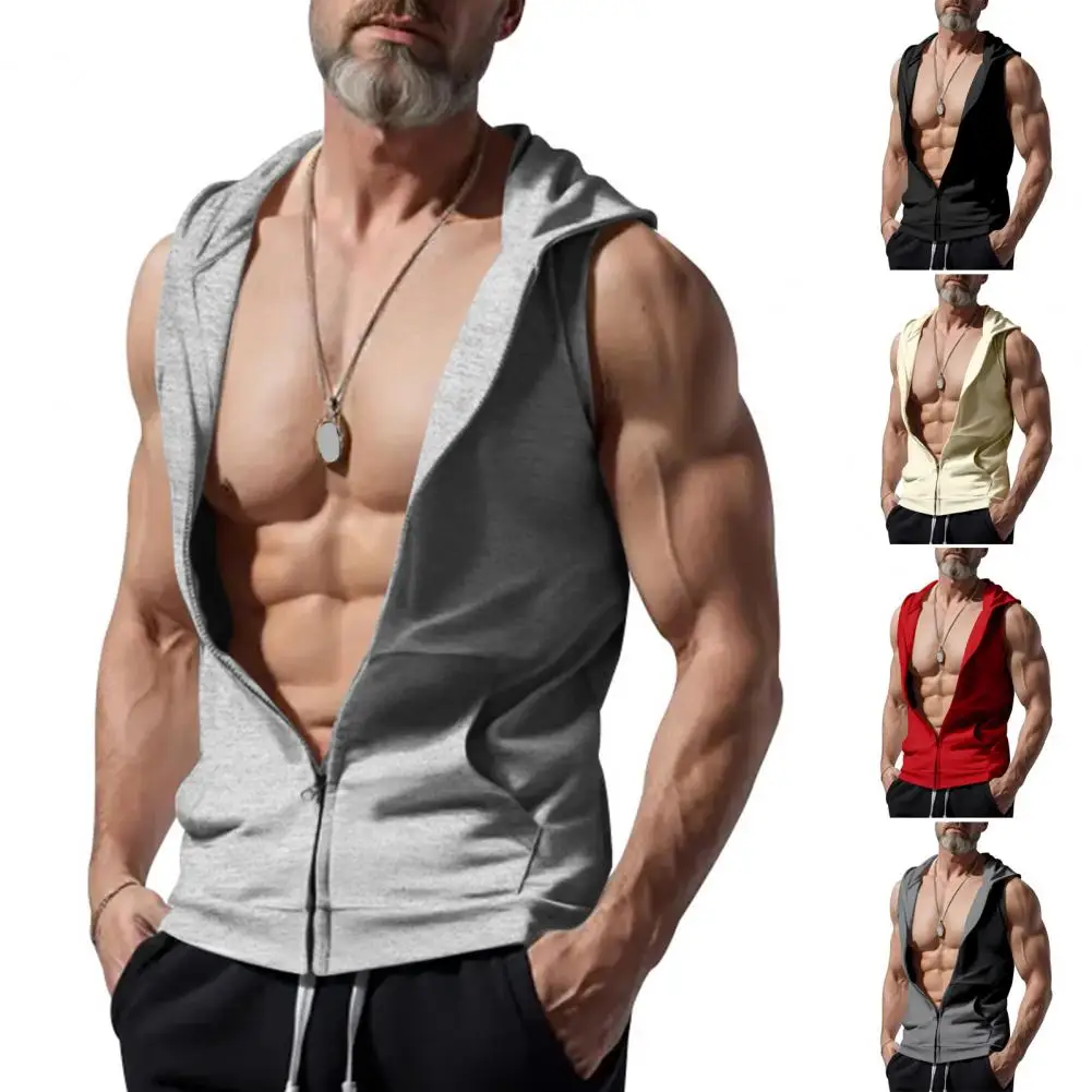 Thin Pocket Vest Men's Hooded Zipper Vest with Pockets Slim Fit Breathable Fitness Waistcoat for Sports Polyester Fiber