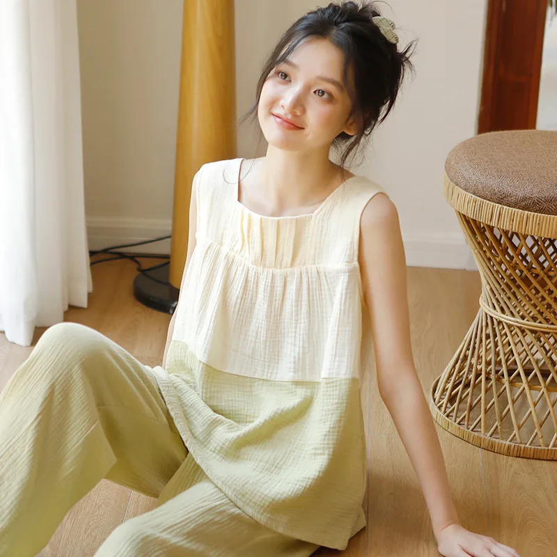 

Summer Pajamas Women's Sleeveless Thin Breathable Pure Cotton Double-layer Cotton Yarn Vest Loungewear Can Be Worn Outside Set